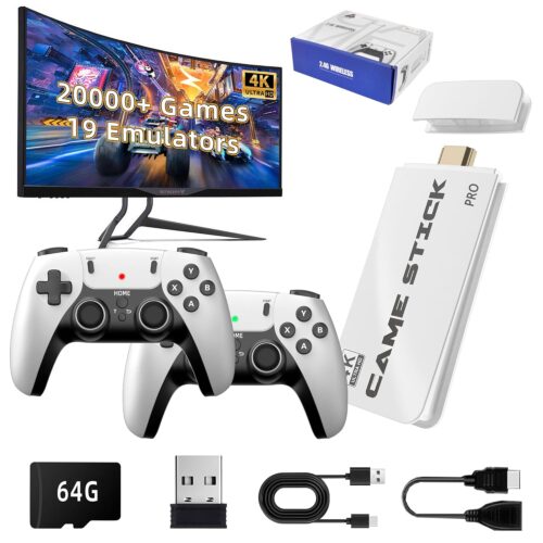 2024 Retro Game Console Stick with 4K HDMI, 19 Emulators, 20000+ Games & Dual Wireless Controllers