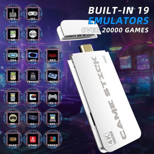 2024 Retro Game Console Stick with 4K HDMI, 19 Emulators, 20000+ Games & Dual Wireless Controllers